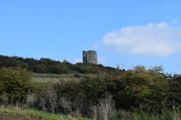 A view looking up at Hadleigh
			 Castle